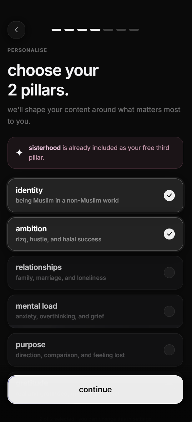 the ruhly onboarding screen, choosing two content pillars with sisterhood included free