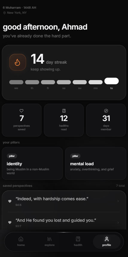 the ruhly profile screen, showing a reading streak and saved perspectives
